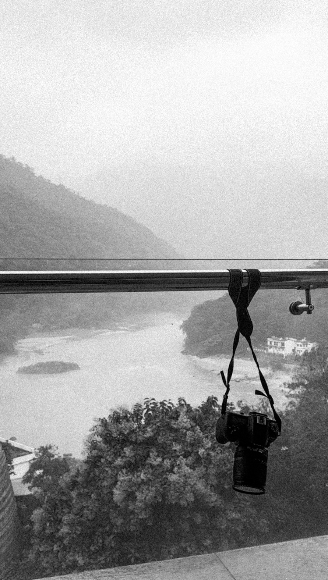 Black and white camera view over water